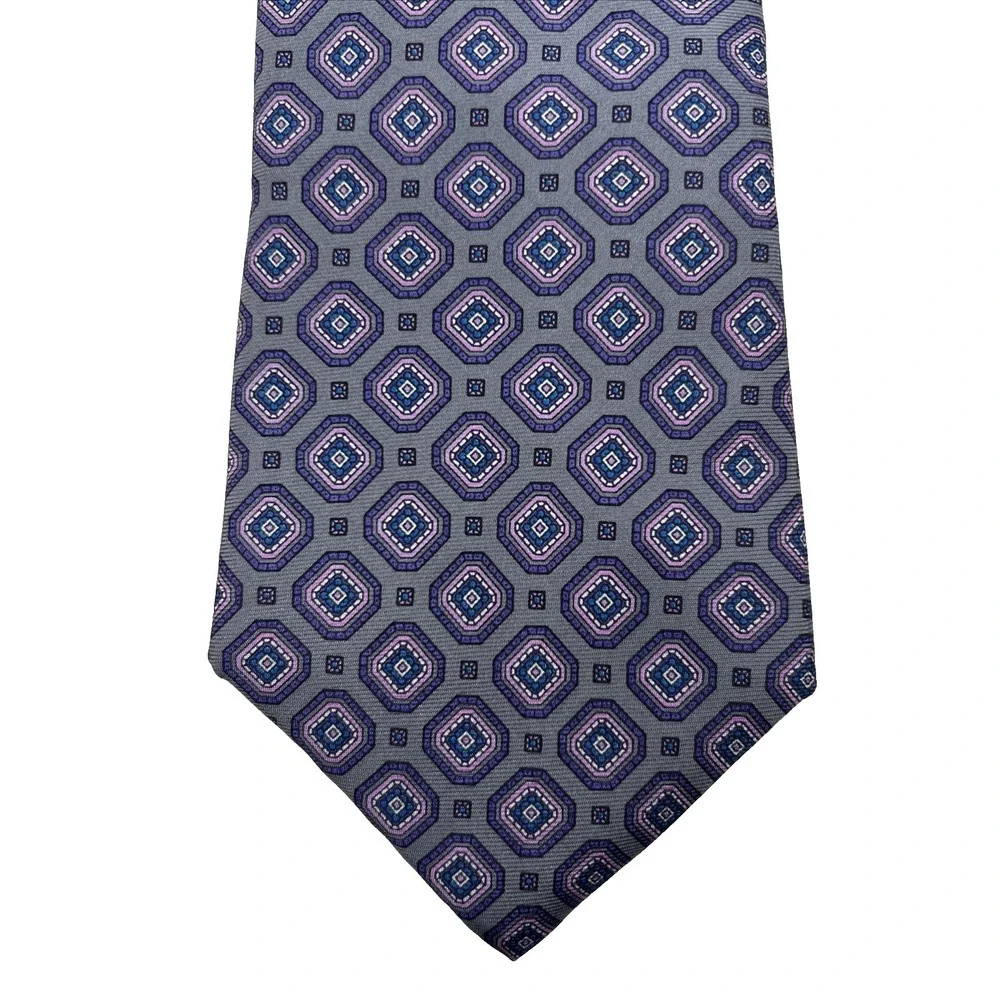 Oakton Ltd Men's 100% Silk Neck Tie, Geometric Purple, Pink, Blue On Gray Formal
